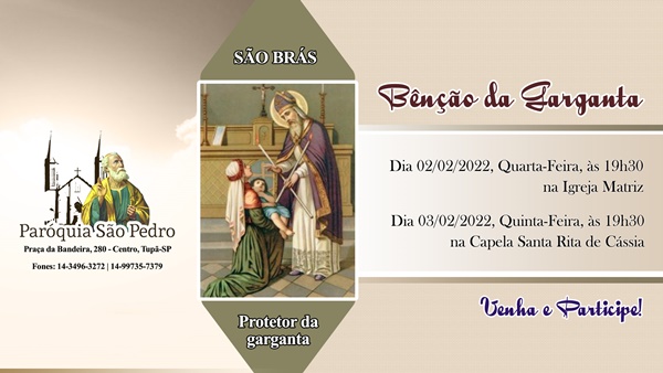 Missa em honra a São Brás e Bênção da Garganta acontecerá na São Pedro de Tupã