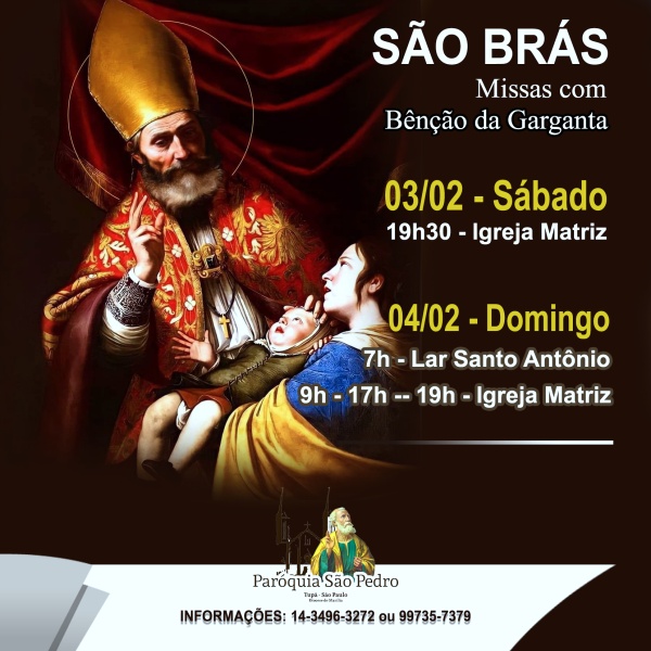 São Pedro de Tupã celebrará missas em memória de São Brás