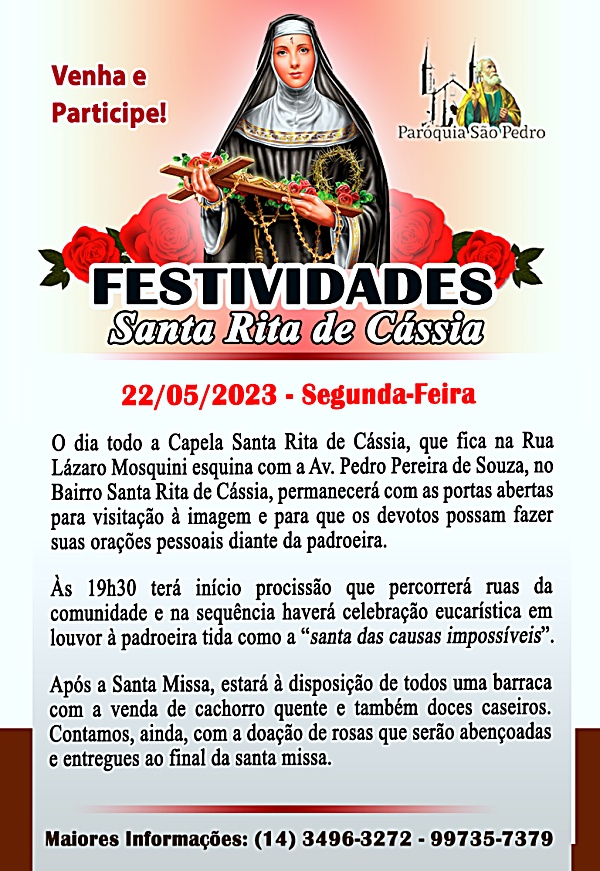 Santa Rita de Cssia de Tup tem programao definida para o dia da padroeira