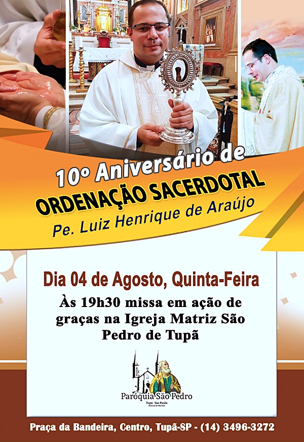 Pe. Luiz Henrique de Araújo celebrará 10 anos de sacerdócio com missa na São Pedro de Tupã