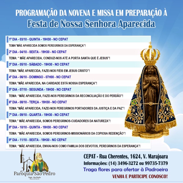 Comunidade de Nossa Senhora Aparecida de Tup realizar Novena e Missa em preparao  festa da Padroeira do Brasil