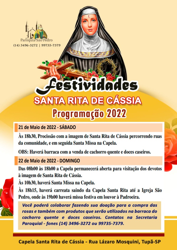 Comunidade Santa Rita de Cássia tem programação definida para o dia da Padroeira