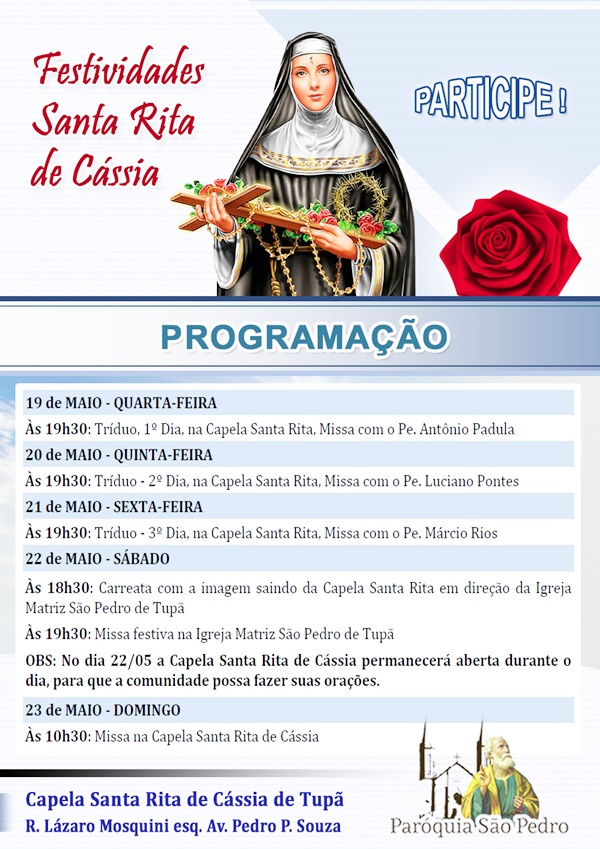 Santa Rita de Cssia tem programao definida para o seu dia