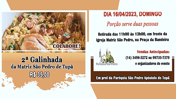 São Pedro Apóstolo de Tupã realizará ‘2ª Galinhada’ no dia 16 de abril