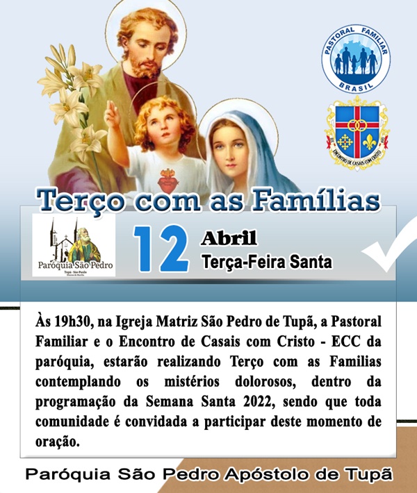 São Pedro de Tupã realizará Terço com as Famílias na Semana Santa